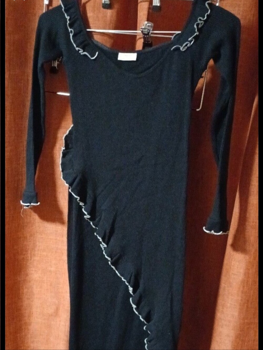 Zara Black Asymmetrical Ruffle Long Sleeve Dress/Tunic with White Trim
